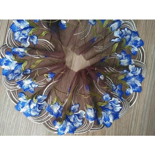 1Yard Blue Floral Embroidered Lace Trim Tulle Mesh Sewing Fabric Bra Lingerie Handmade Dress Clothes Accessories 14cm Wide