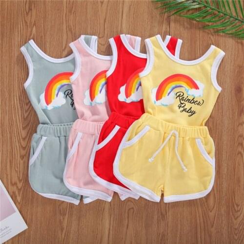 2021 Toddler Baby Summer Clothes Sets Newborn Infant Boys Girls Sleeveless Rainbow Print Rompers+Shorts Cotton Outfits