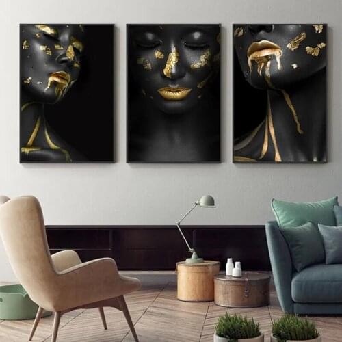 Abstract African Black Golden Woman Lips Portrait Canvas Painting Posters Prints Wall Art Picture for Living Room Decor Wall Art
