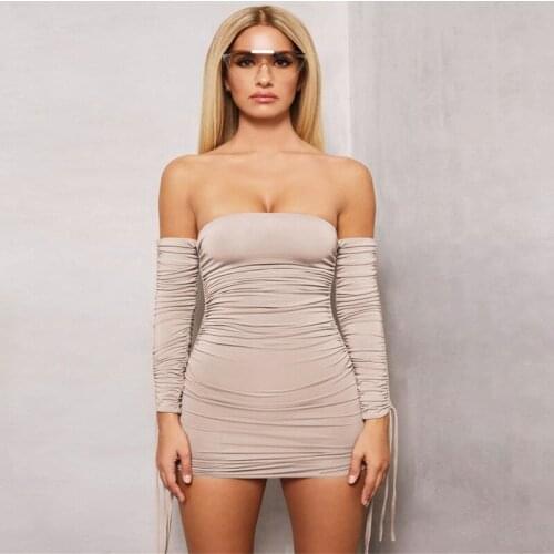 AHVIT Cascading Draped Sheath Women Dress Bandage Full Sleeve Slash Neck Sexy Party Dress Fluorescent Green Mini Dress FLY83318