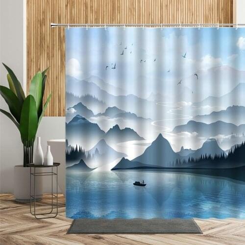 Ink Painting Landscape Shower Curtain Lake Forest Birds Boat Mountain Bath Curtains Chinese Frabic Bathroom Decors Douchegordijn