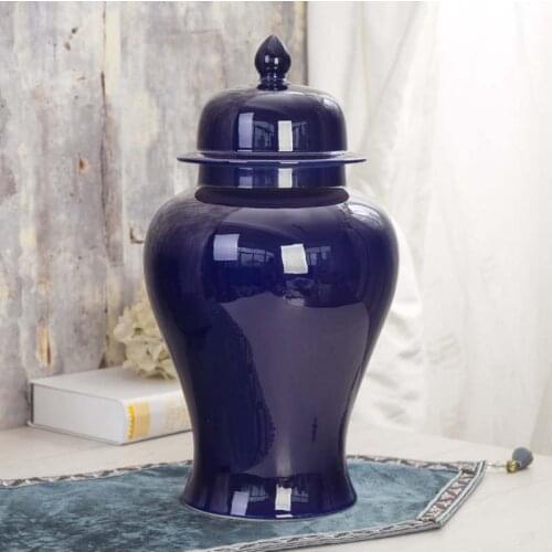 Jingdezhen Ceramic Ginger Jar Vase Solid Blue Porcelain Temple Jar Arrangement For Flowers Storage Container Jars