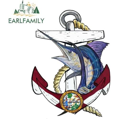 EARLFAMILY 13cm x 9.7cm Florida Flag Anchor with Marlin Vinyl Decal Car Truck RV Boat Waterproof Car Stickers Cartoon Graphics