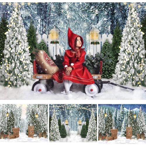 Winter Snow Photography Background Christmas Tree Snowfield Backdrop Wooden Box Decor Props Child Birthday Portrait Photo Studio