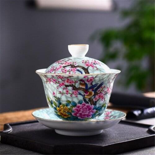 Ceramic Hand-painted Flowers and Birds Gaiwan Creative Tea Bowl with Saucer Lid Set Porcelain Master Tea Tureen Drinkware Gift