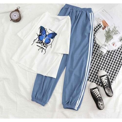 Streetwear 2 Piece Set Tracksuit for Teen Girls Summer Outfits Jogger Set Butterfly Short Sleeve Top Fashion Casual Pants Women