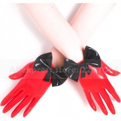 Red Rubber Latex Fetish Short Gloves with Bow-knot RLM100