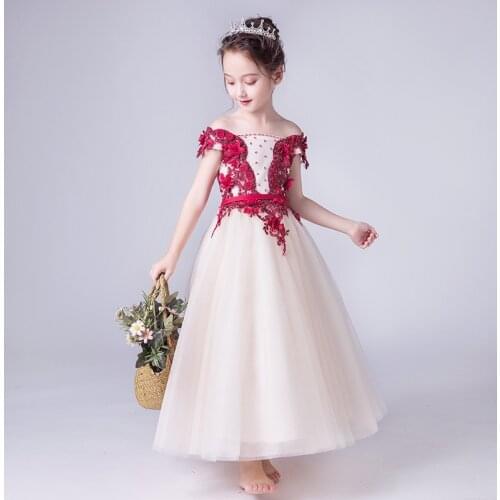 Fashion Red Beading Appliqued Long Flower Girl Dresses Lace First Communion Dresses Girls Pageant Dress Kids Prom Dress