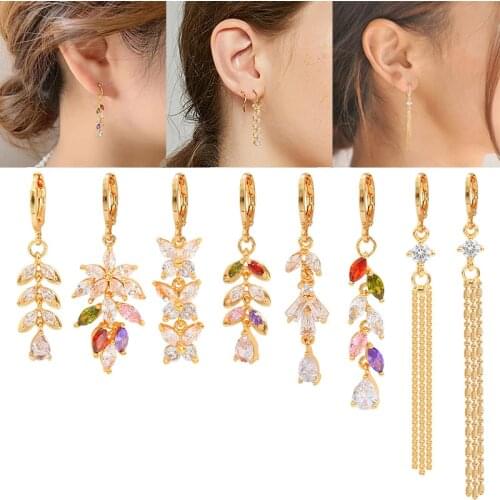New 2Pcs Cute Flowers Leaves Butterfly Crystal Long Gold Chain Earrings For Women Fashion Jewelry Gift