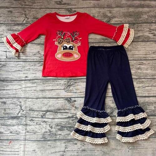 RTS Fall Outfits Children Clothing Wholesale Toddler Girls Clothes Long Sleeve Top Ruffle Pants Jean Fabric Boutique Kid Clothed