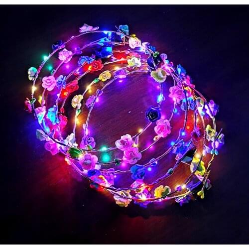 Women Girls Wedding Party Crown Flower Headband LED Light Hair Wreath Hairband Garlands Glow Birthday Neon Party Decor