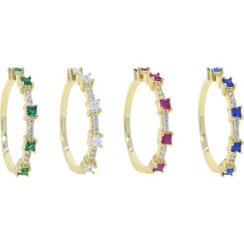 Simple Women Girl Finger Band Thin Small Colorful Square CZ Gold Color Red Blue Green White CZ Eternity Band Ring