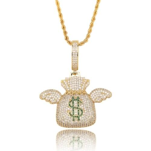 Lucky Sonny Fly Money Bag Pendant Necklace Gold Siver Color Male Collar Bijoux US UK Rapper Iced Party Jewelry Free Shipping