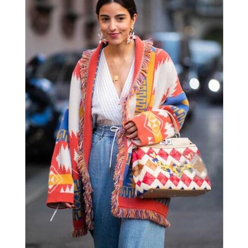 Wavsiyier Cashmere Jacquard Cardigan for Women Fringed Trims Long Sleeve Lady Cardigan Sweater Coat Winter Belted Sweater Women