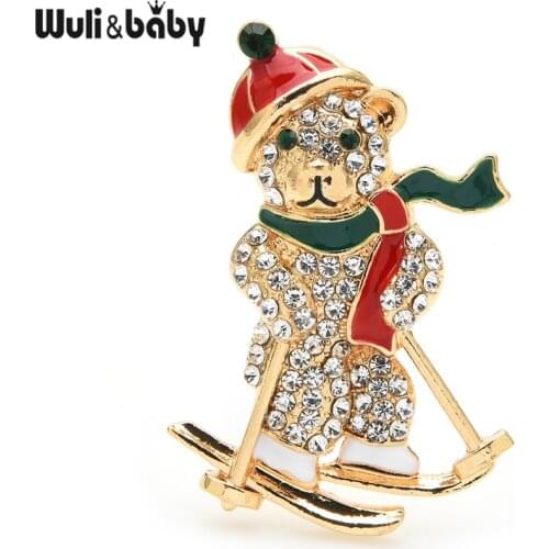 Wuli&baby Sking Bear Brooches Rhinestone 3-color Snowboarding Animal New Year Brooches Women Jewelry Gifts