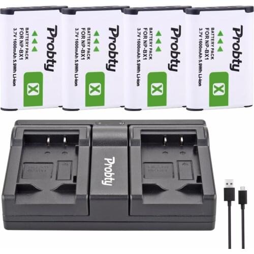 PROBTY 4Pcs NP-BX1 NP BX1 Batteries + Dual Charger For Sony DSC-RX100 DSC-WX500 IV RX10 II HX300 WX300 HDR-AS15 CX240E MV1 AS30V