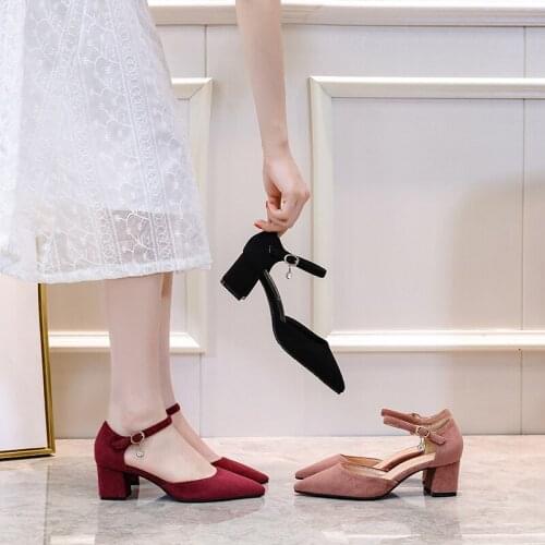 Square High Heels Women Shoes 2021 Flock Ankle Straps Slingbacks Sandals Casual Black Nude Wedding Sexy Pointed Toe Woman Pumps