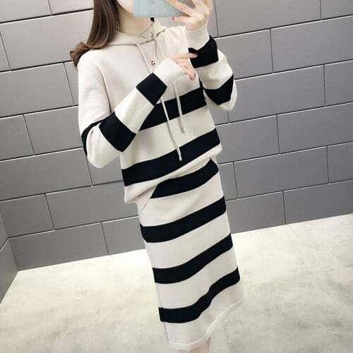 Elegant Blouse + Skirt Suit Female Self-cultivation Stitching Autumn Winter Loose Striped Knitted Sweater Dress Two-piece Suit