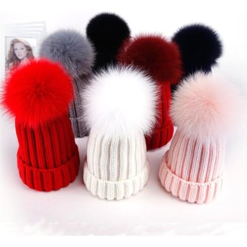 Winter Brand Female Fox Fur Pom Poms hat Winter Hat For Women Girl 's Hat Knitted Beanies Cap Hat Thick Women Skullies Beanies
