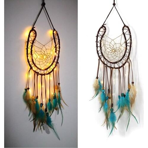 1 PC Braided Wall Dreamcatcher with LED Light Handmade Feather Dream Catcher Fairy Light Wooden Beads Wall Hanging Crafts