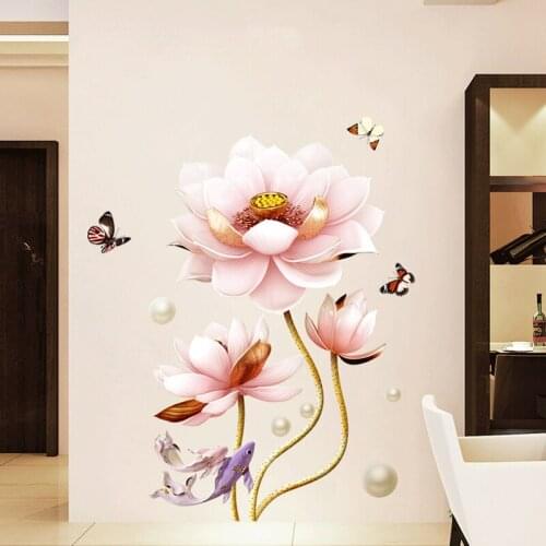 100*80CM 3D Lotus Flower Home Decor Vinyl Wall Stickers Fish Waterproof Bathroom Bedroom Living Room Decoration Poster Wallpaper