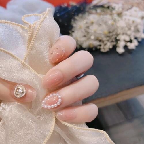24pcs Pearl Inlaid Fake Nail Patch Glue Type Removable Mid Length Paragraph Fashion Manicure False Save Time Nails Patch -VL16