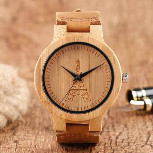 France Eiffel Tower Wooden Watches for Women Lady Quartz Wristwatch Nature Wood Case Creative Female Bamboo Clock Unique Gifts