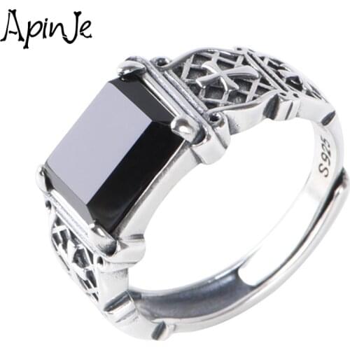 Apinje Black Agate Tail Ring Men Women Vintage 925 Sterling Silver Stone Rings Cross Hip Hop Rock Gift Open Ring