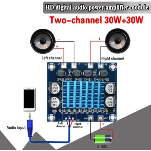 Digital Stereo Audio Power Amplifier Board DC 8-26V 3A C6-001 TPA3110 XH-A232 30W+30W 2.0 Channel
