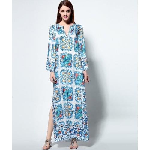 European Women Spring and Summer ClothingVintage blue and White Porcelain Printing beaded V neck Split Dress