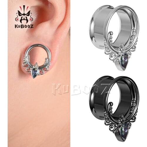 KUBOOZ New Arrival Popular Stainless Steel Round Zircon Ear Plugs Tunnels Expanders Piercing Body Jewelry Earring Gauges 8-25mm