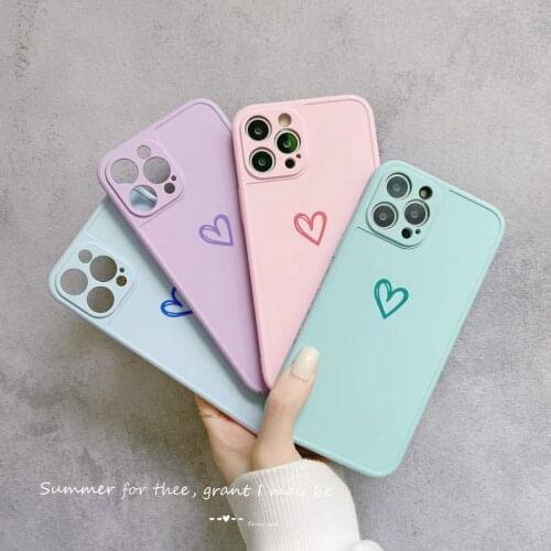 Simple Pure Color Heart Frame Edge Matte Hard PC Back Phone Case Cover Shell For iPhone 7 8 Plus 11 12 Pro Max XR XS Max Skin