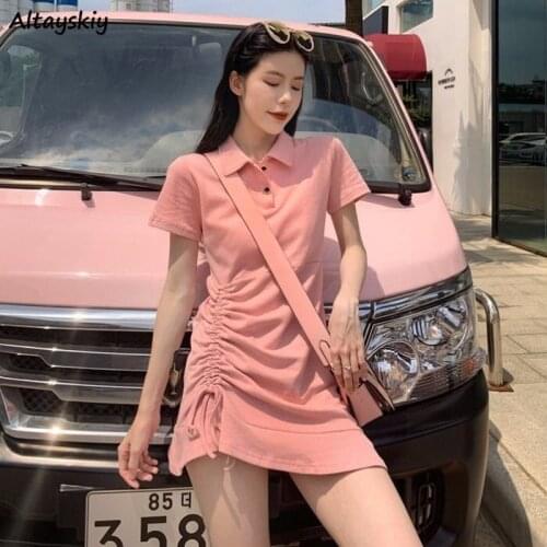 Mini Dress Women Solid Draw-string Design Chic Sexy Turn-down Collar Short Sleeve Simple Ladies Vestidos Student Slim Ins Trendy