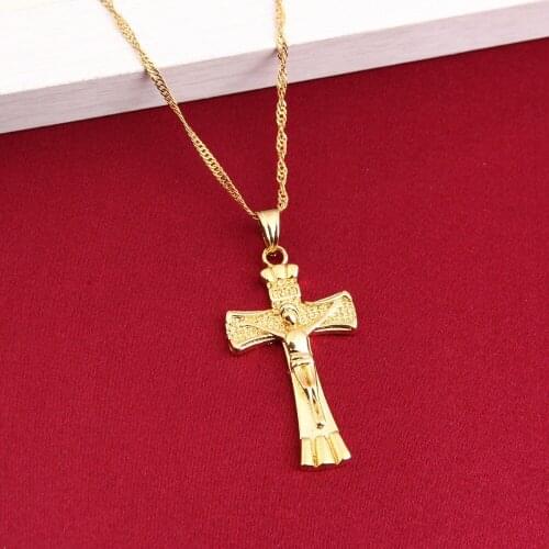 Men Cross Necklace Pendant Women INRI Jesus Crucifix Christianity 24K Gold Color Jesus Of Nazareth King Of the Jews