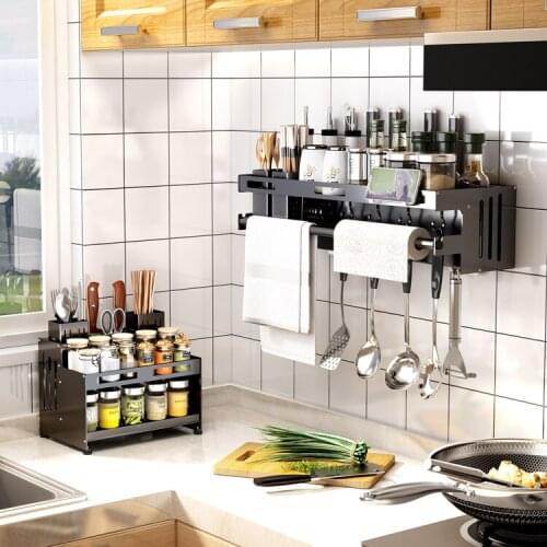 Nordic Style Punch Free Wall Mounted Kitchen Rack Shelfs Aluminum fixture Organizer Kuchnia Akcesoria Home Improvement DM50WMKR