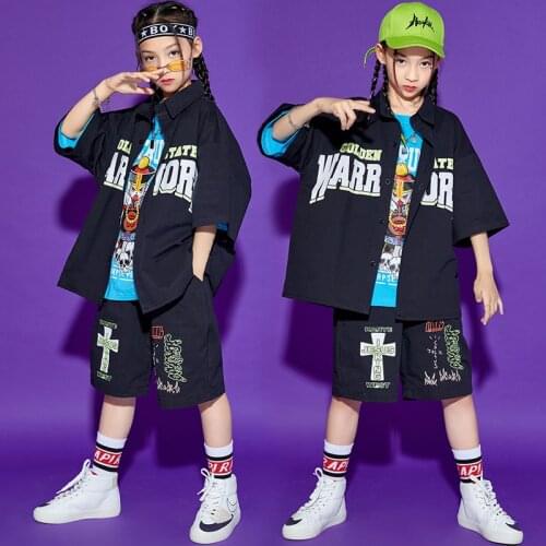 New Hip Hop Girls Performance Clothes Black Shirts Shorts Summer Short Sleeves Hip Hop Suit Children Street Dance Costume BL6698