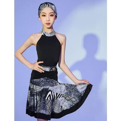 Girls Latin Dance Clothing Halter Tops Printing Skirt Cha Cha Rumba Competition Outfit Samba Performance Costume Practice Wear