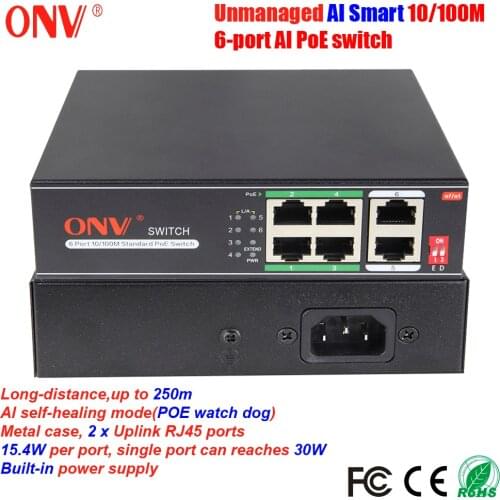 ONV Unmanaged 10/100M 6-port AI PoE switch IEEE 802.3af/at VLAN 250m Transmission AI Self-healing Watch Dog for POE Camera