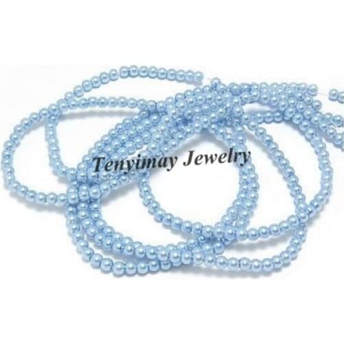 Wholesale 5 Strands 85cm/Strand 6mm Light Blue Glass Pearl Loose Beads Free Shipping