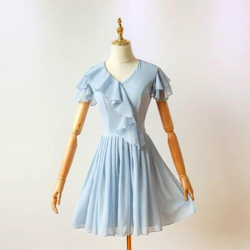 Real Shot Plus Size Fashion Blue Short Chiffon V-neck Bridesmaids Dresses dance Party Dress Women Wedding Guest Dresses 9049