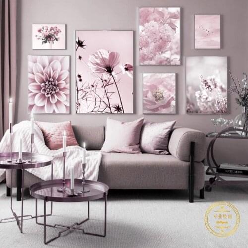 Pink Flower Cherry Blossom Rose Peony Sky Bird Nordic Posters and Prints Canvas Painting Wall Art Pictures for Living Room Decor