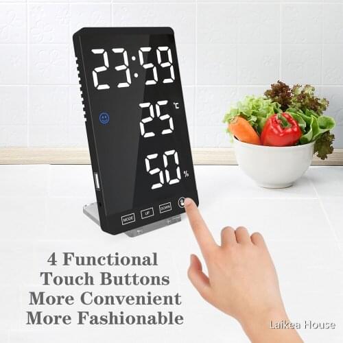 LED Display Mirror Clock Thermometer And Hygrometer Electronic Weather Clock Alarm USB Output Port Table Clock ABS 6 Inches