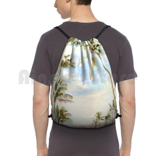 Vintage Hawaiian Beach / Blue Backpack Drawstring Bags Gym Bag Waterproof Vintage Hawaiian Beach Blue Coastal Living