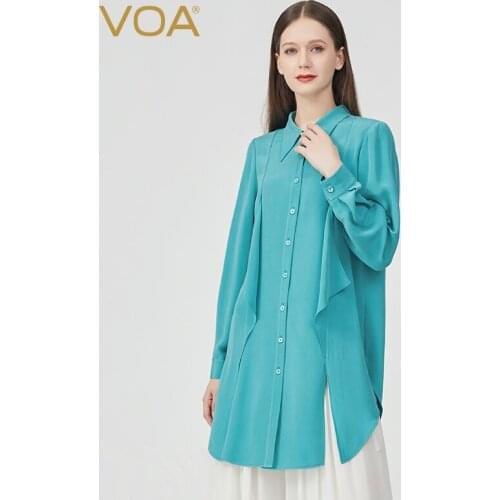 VOA Autumn New Product Silk 30mme Heavy Women Tops Blue POLO Collar Resin Solid Color Hem Slit Long-sleeved Women Shirt BE795