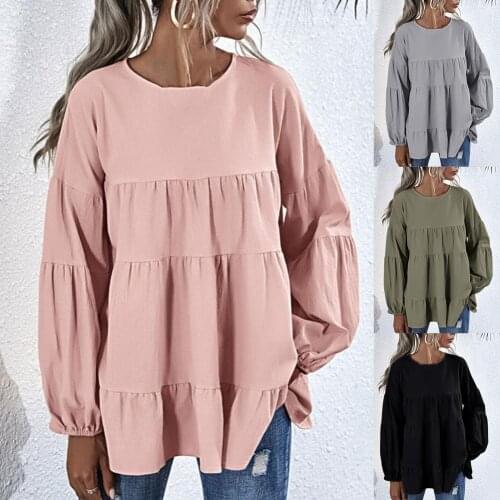 Solid Color T-Shirts for Women Casual Ruffles Patchwork Long Sleeve Crop Top Women O-Neck Loose Tshirts femme camisetas de mujer