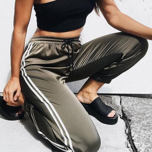 Women Satin Sport Pants Drawstring Waist Fitness Jogging Trousers Outdoor Gym Running Sports Loose Long Sweatpants