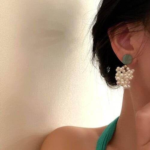 VSnow Korean Fashion Irregular Turquoise Beaded Dangle Earring for Women Textured Simulation Pearl Hollow Out Earring Jewellery