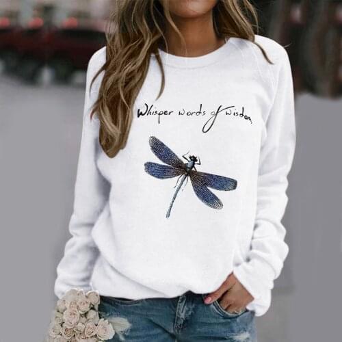 2021 Women Autumn Casual Dragonfly Print Sweatshirt O-Neck Long Sleeve Top Loose Pullover Basic Clothing Camisas De Moda Mujer