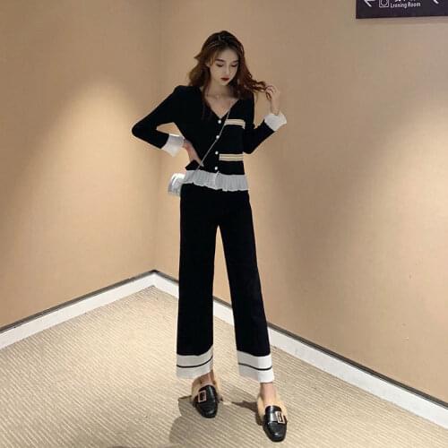 2021 Spring Autumn Knitted Tracksuit Women 2 Piece Set Cardigan Sweater + Wide Leg Pants Suit Sporting Two Piece Outfits X591