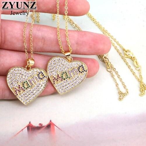 10PCS, Female Gold Color CZ Micro Pave Mama Necklaces For Women Heart Choker Pendant Necklace Charm Jewelry Gift